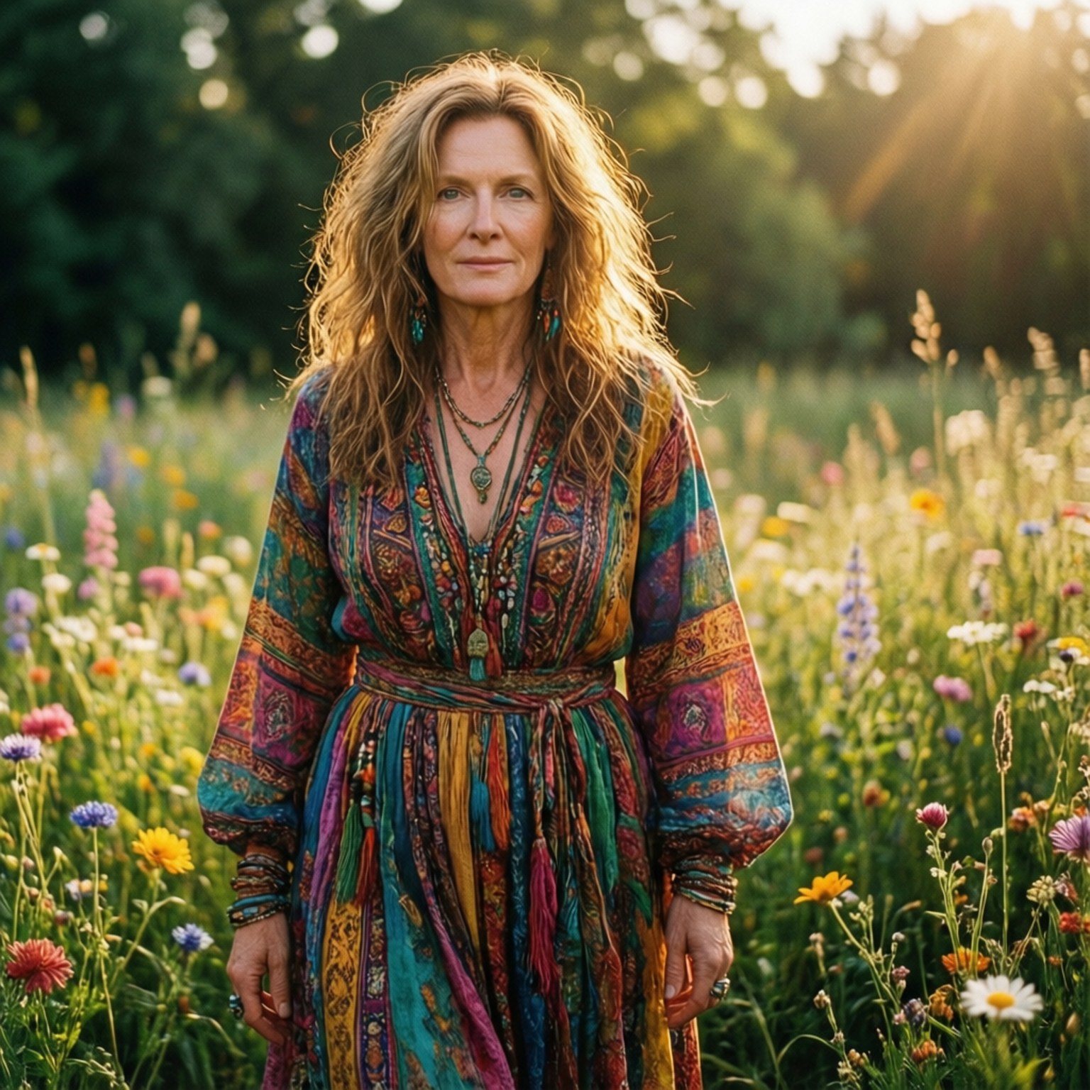 Catherine Keener, colorful dress, wildflower field, HD Desktop Wallpaper