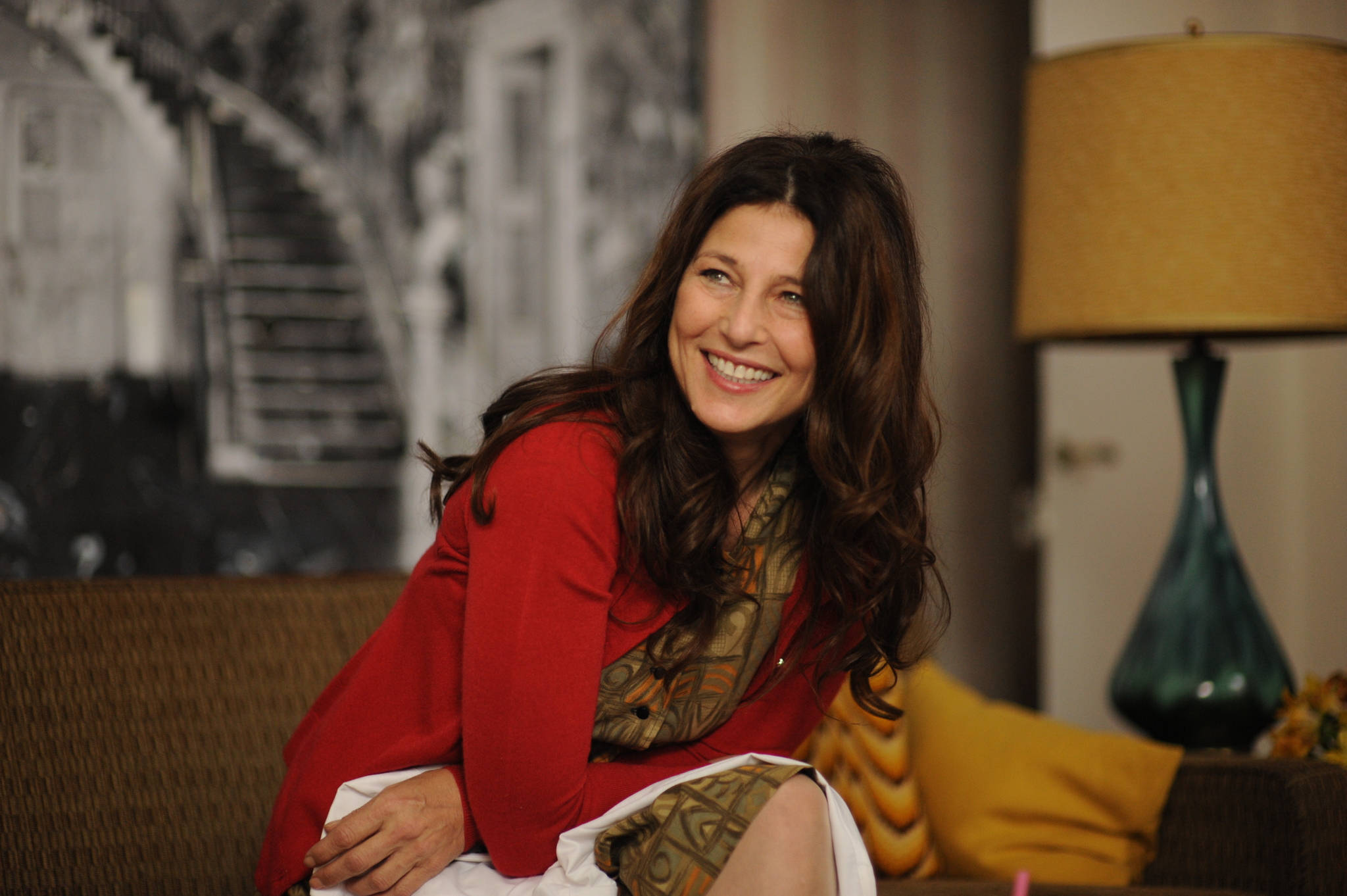 Catherine Keener, red sweater, couch, Full HD Desktop Wallpaper