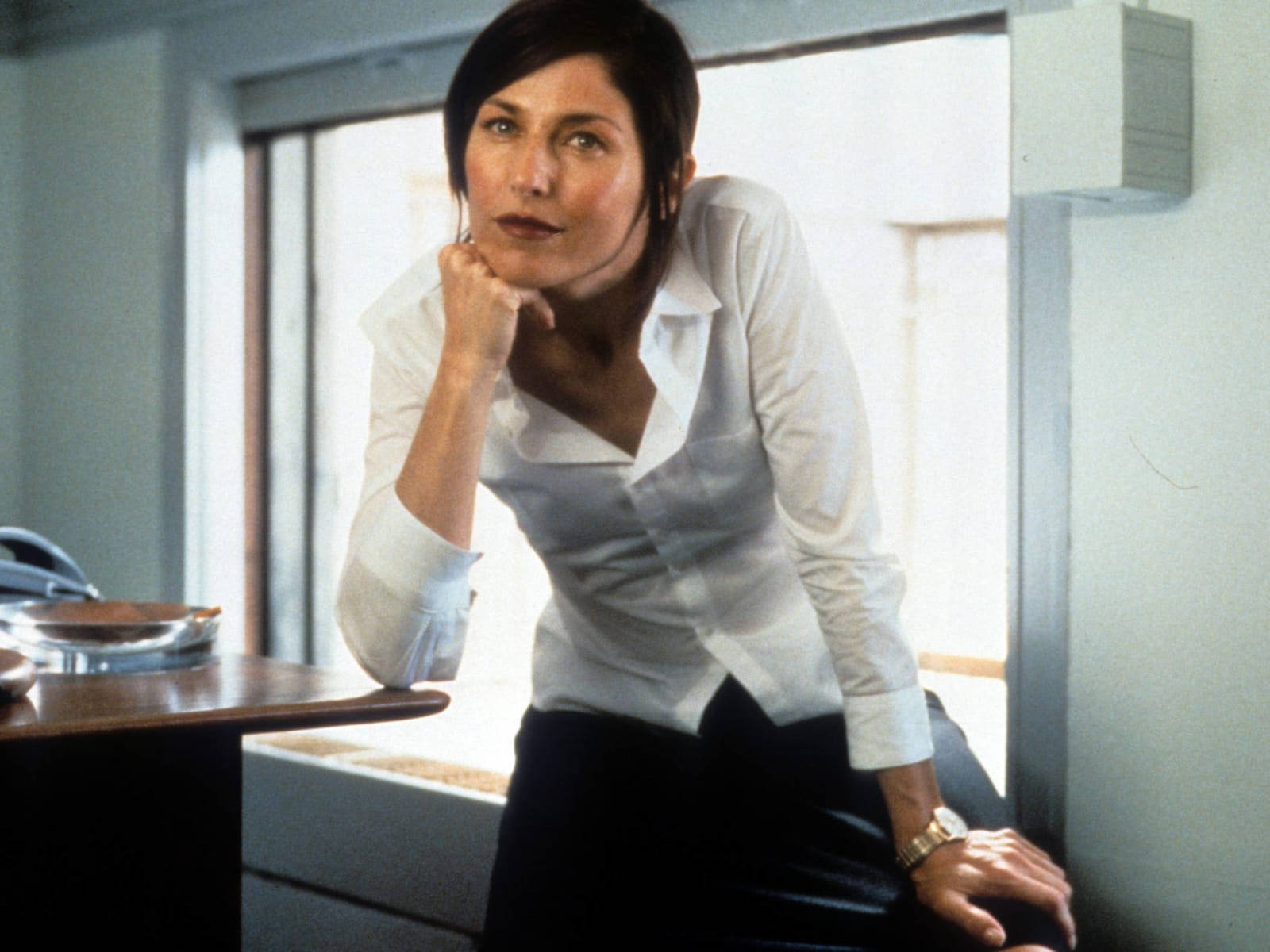 Catherine Keener, white blouse, window ledge, HD Desktop Wallpaper