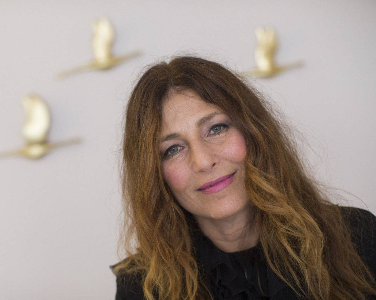Catherine Keener, long wavy brown hair, plain wall, HD Desktop Wallpaper