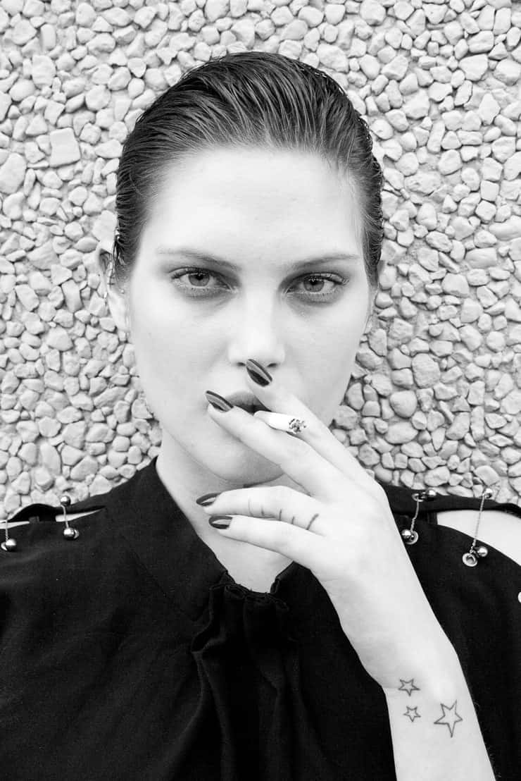 Catherine Mcneil, black and white portrait, slicked-back hair, SD Phone Wallpaper