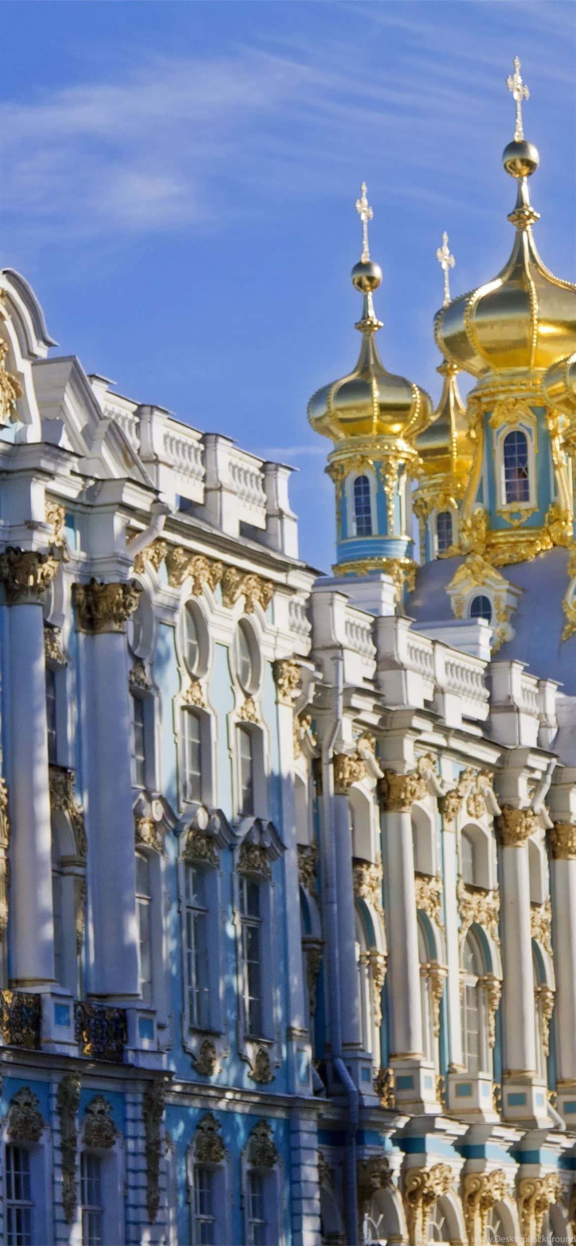 Catherine Palace, blue and white baroque architecture, golden domes, Full HD Phone Wallpaper