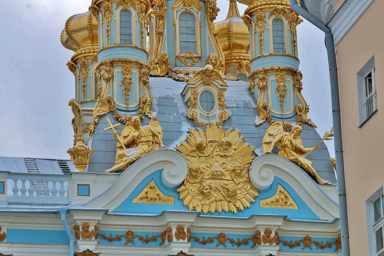 Catherine Palace, gold details, baroque church facade, HD Desktop Wallpaper