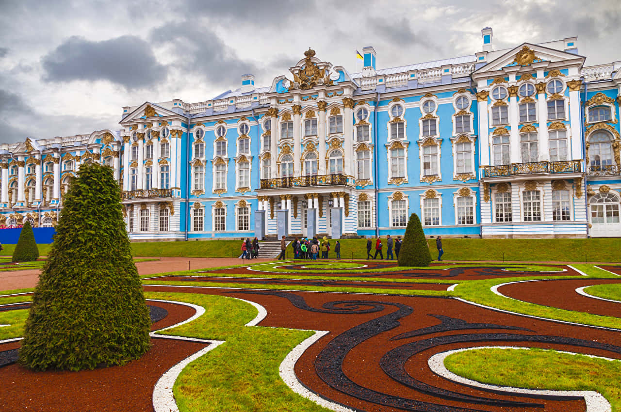 Catherine Palace, garden shrubs, blue and gold, HD Desktop Wallpaper