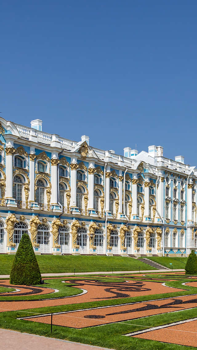 Catherine Palace, gold statues, blue accents, SD Phone Wallpaper