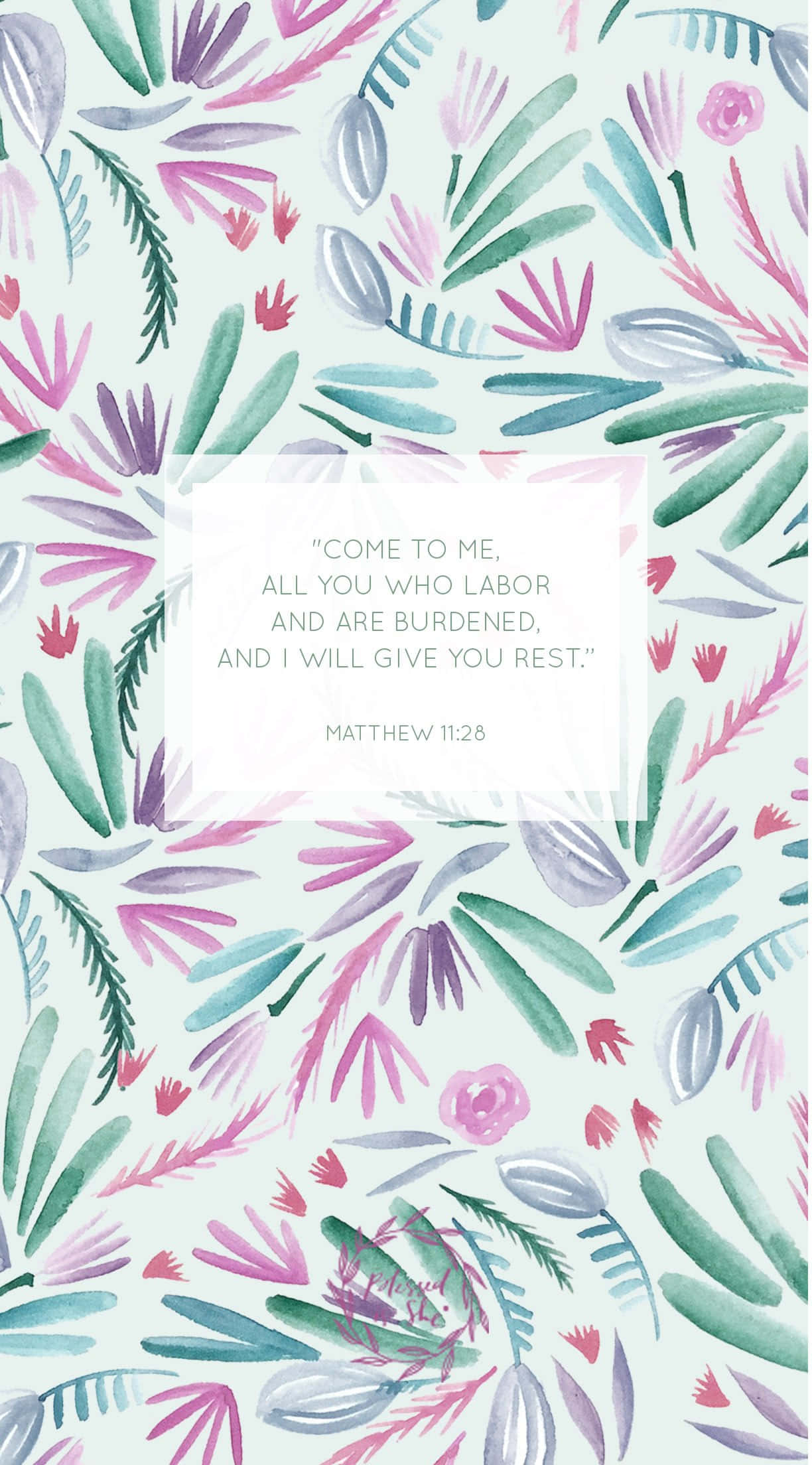Matthew 11:28, watercolor floral design, pink purple and teal leaves, Full HD Phone Wallpaper