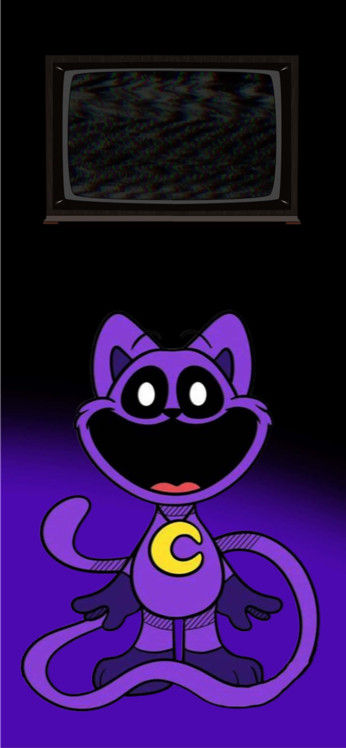 purple cartoon cat, yellow 'C' on its chest, glitching vintage TV, Full HD Phone Wallpaper