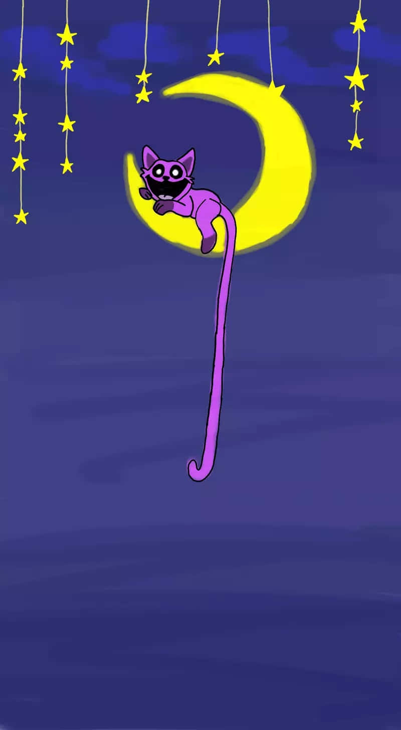 purple cartoon cat, long tail, yellow crescent moon, HD Phone Wallpaper