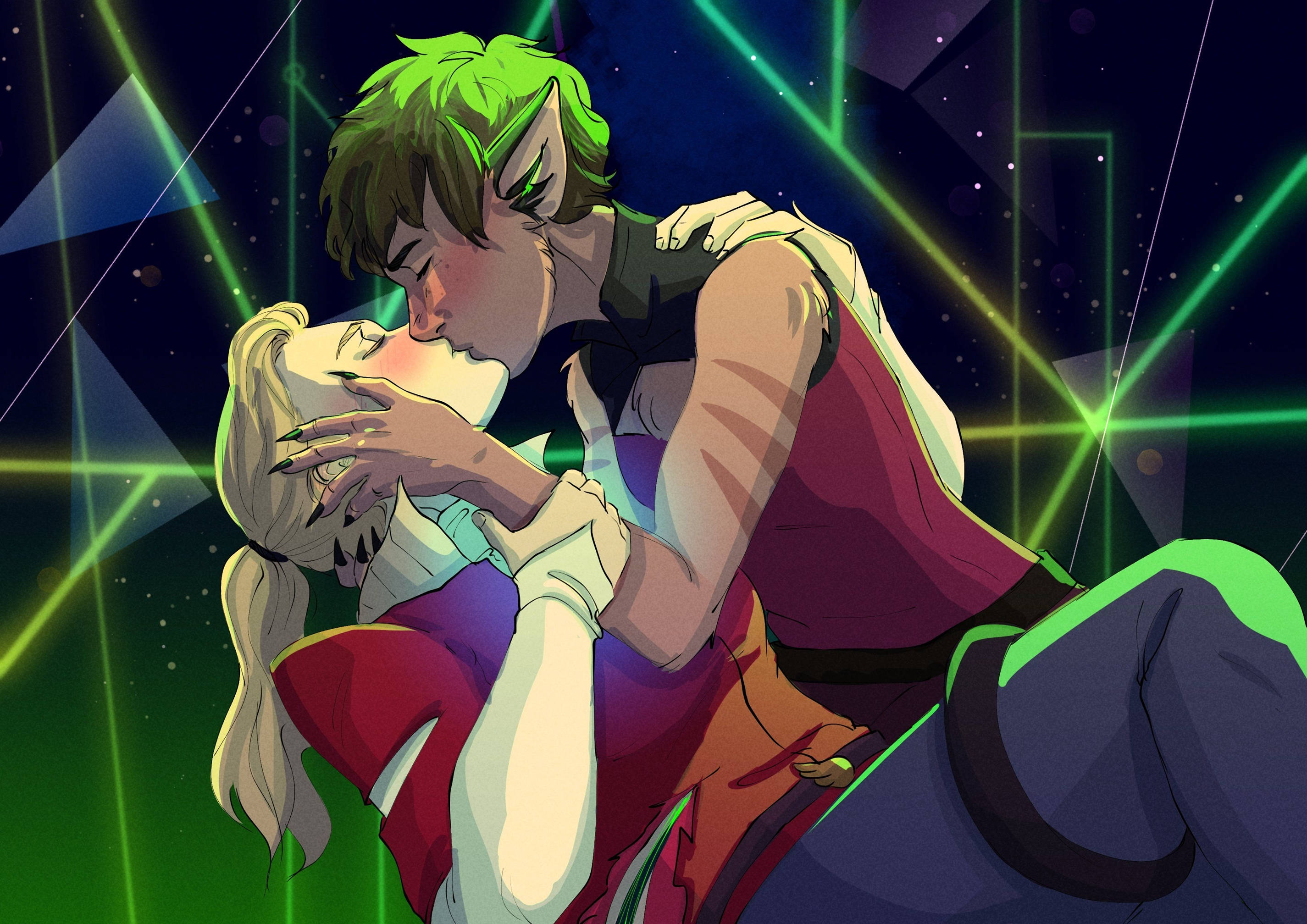 Catradora, anime characters, glowing green laser lights, 2K Desktop Wallpaper