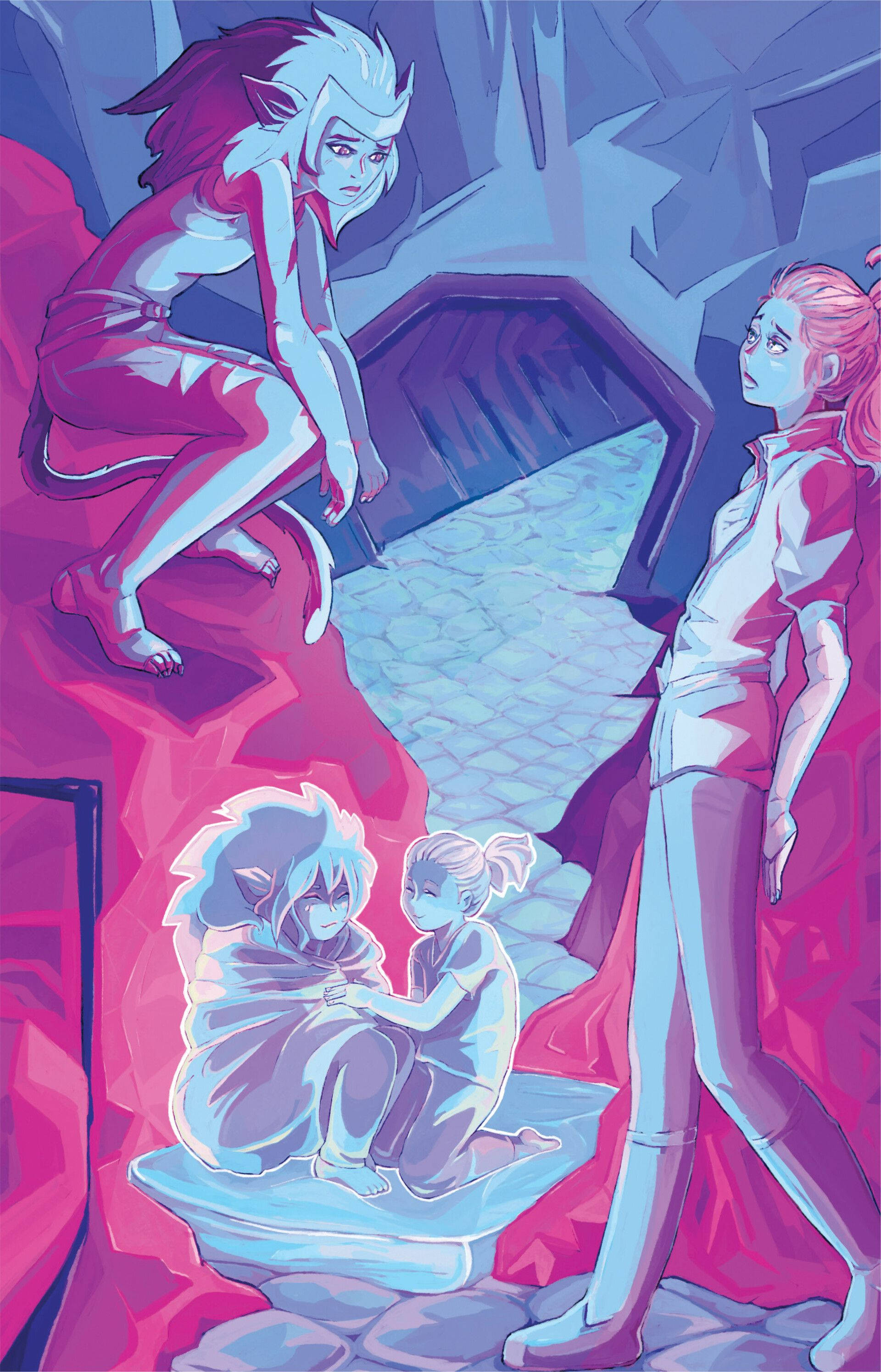 Catradora, crystalline cavern, vibrant pink and blue lighting, 2K Phone Wallpaper