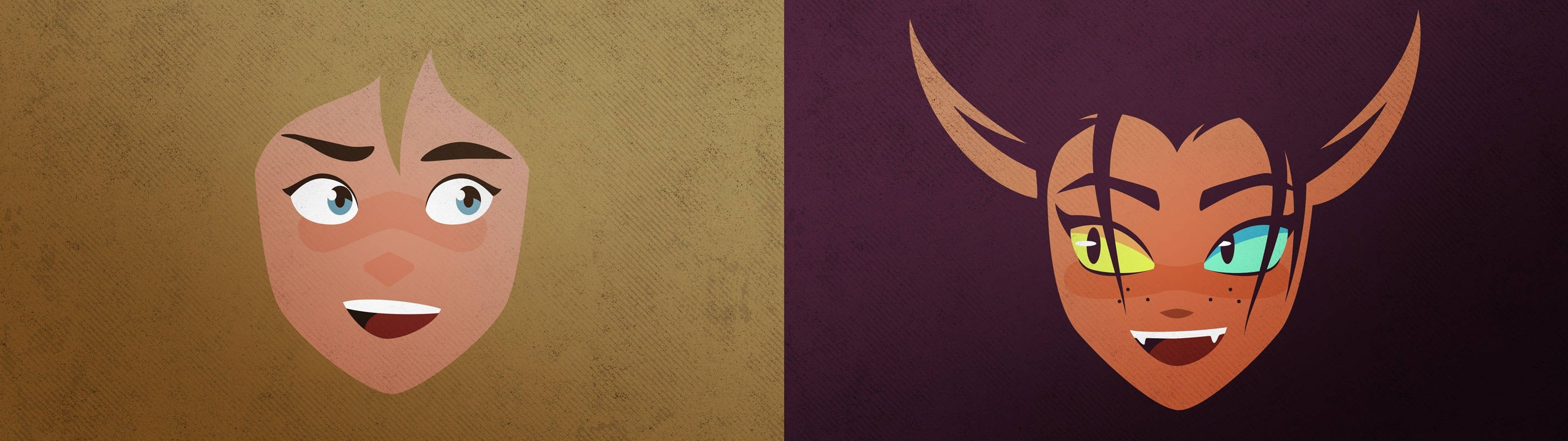 Catradora, stylized cartoon faces, wide eyes, 2K Desktop Wallpaper