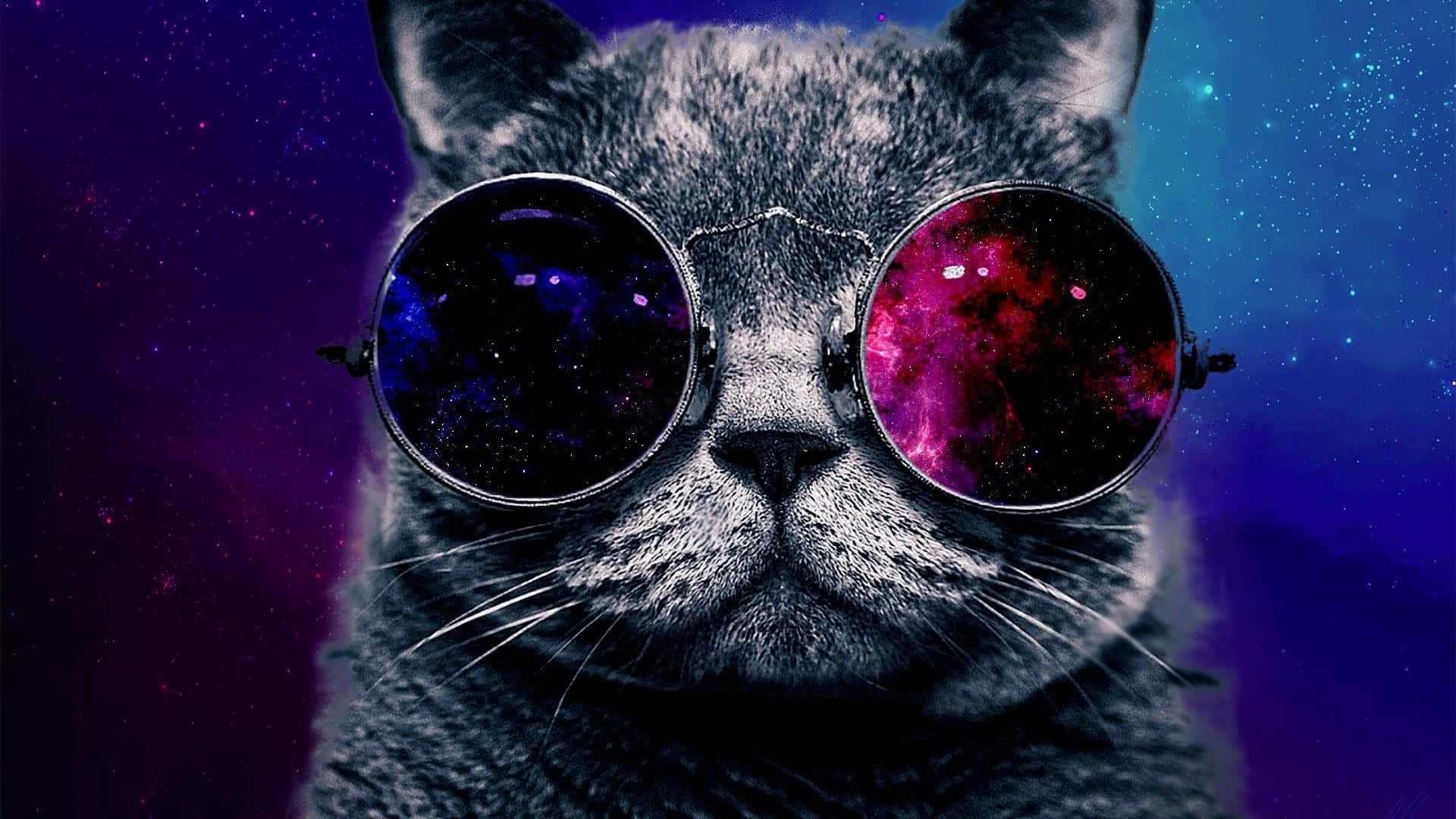 cats in space, gray cat, round glasses, Full HD Desktop Wallpaper