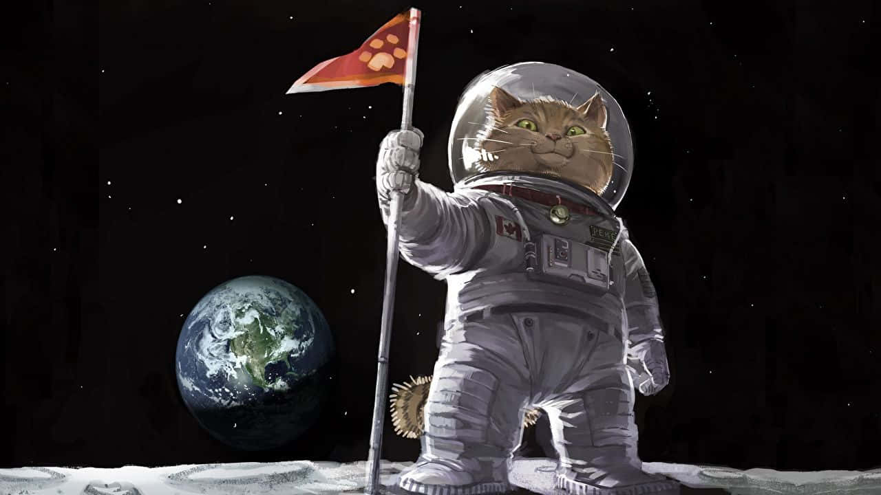 cats in space, cartoon cat astronaut, paw-print flag, HD Desktop Wallpaper