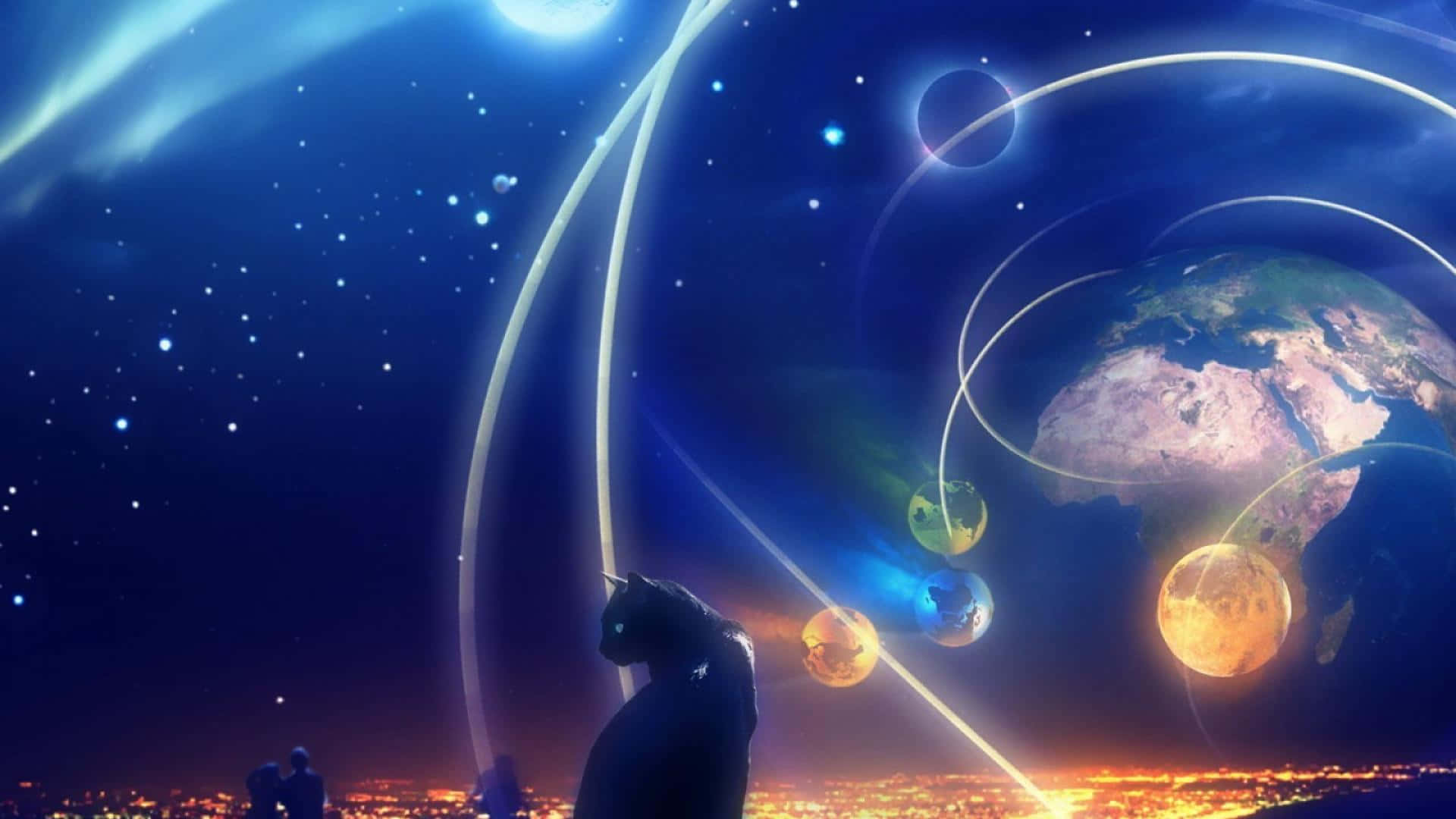 Cats in space, cosmic scene, Earth, Full HD Desktop Wallpaper