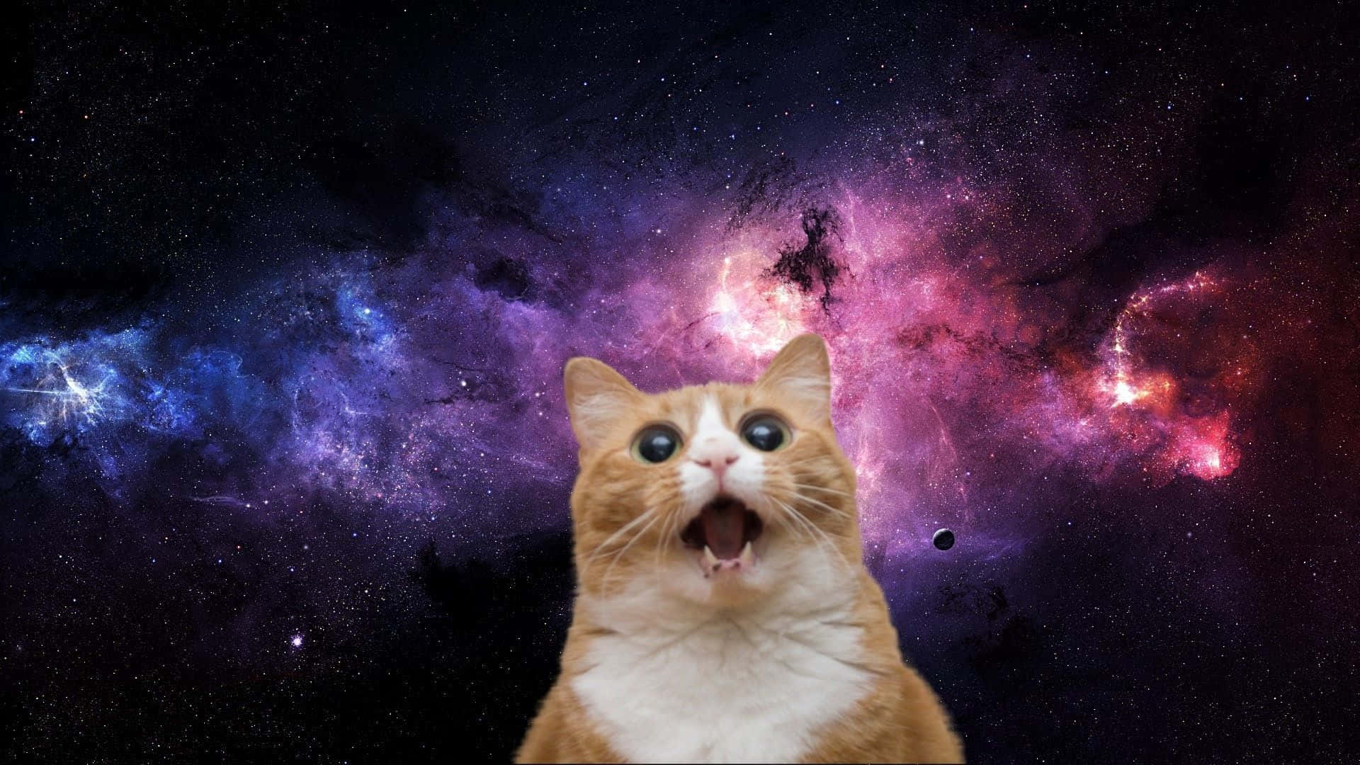orange tabby cat, vibrant cosmic nebula, purple pink and blue stars, Full HD Desktop Wallpaper