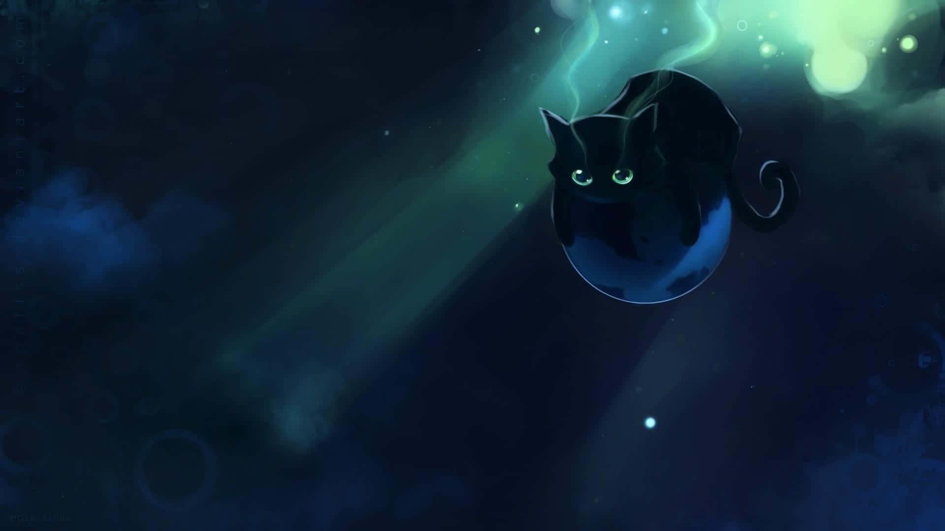 cats in space, black cat, glowing eyes, Full HD Desktop Wallpaper
