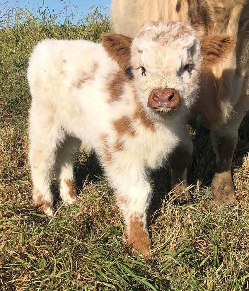 fluffy brown and white calf, tall grass, mother calf, SD Phone Wallpaper