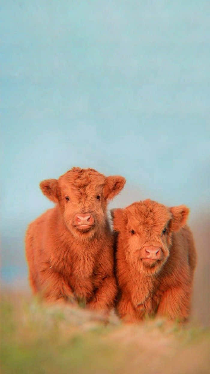 Highland calves, reddish-brown, soft grass, SD Phone Wallpaper