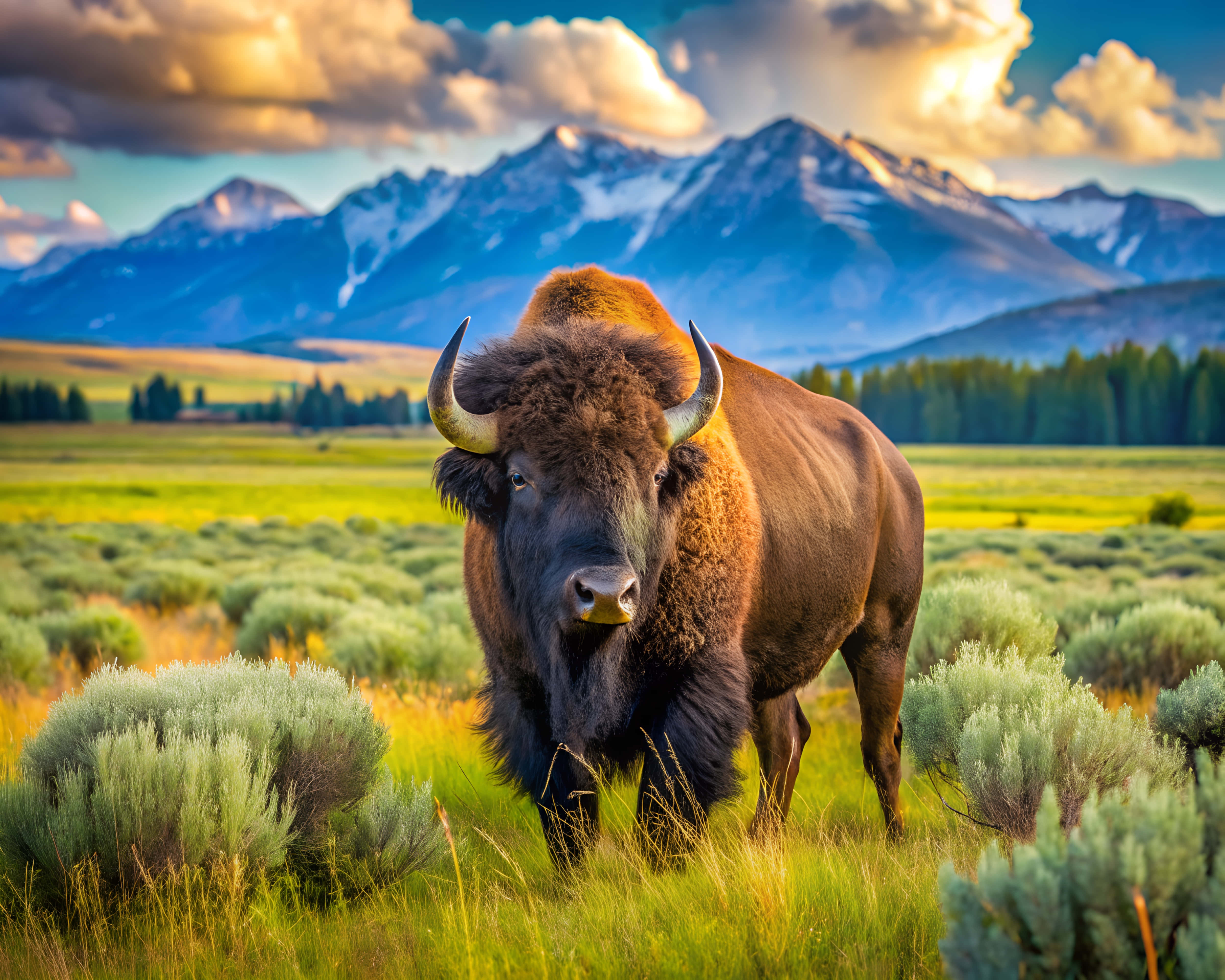 American bison, sunlit grassy field, snow-capped mountains, 4K Desktop Wallpaper