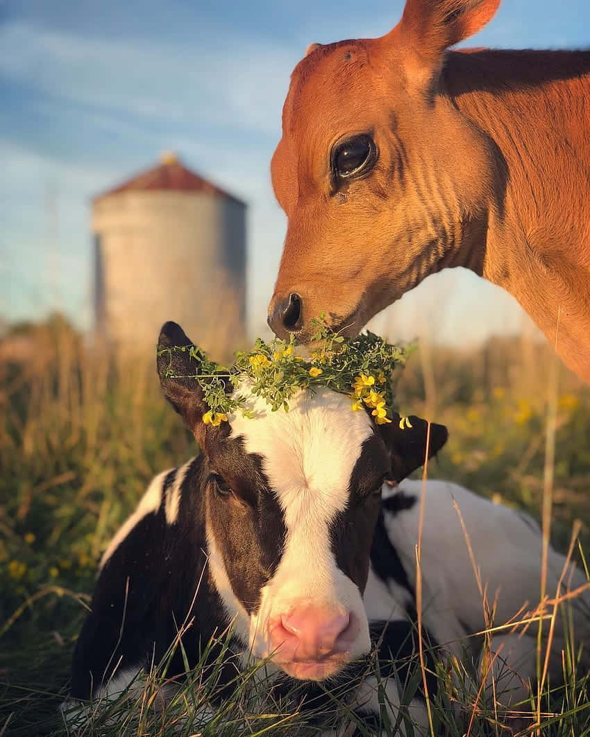 brown calf, black and white calf, yellow flower crown, SD Phone Wallpaper