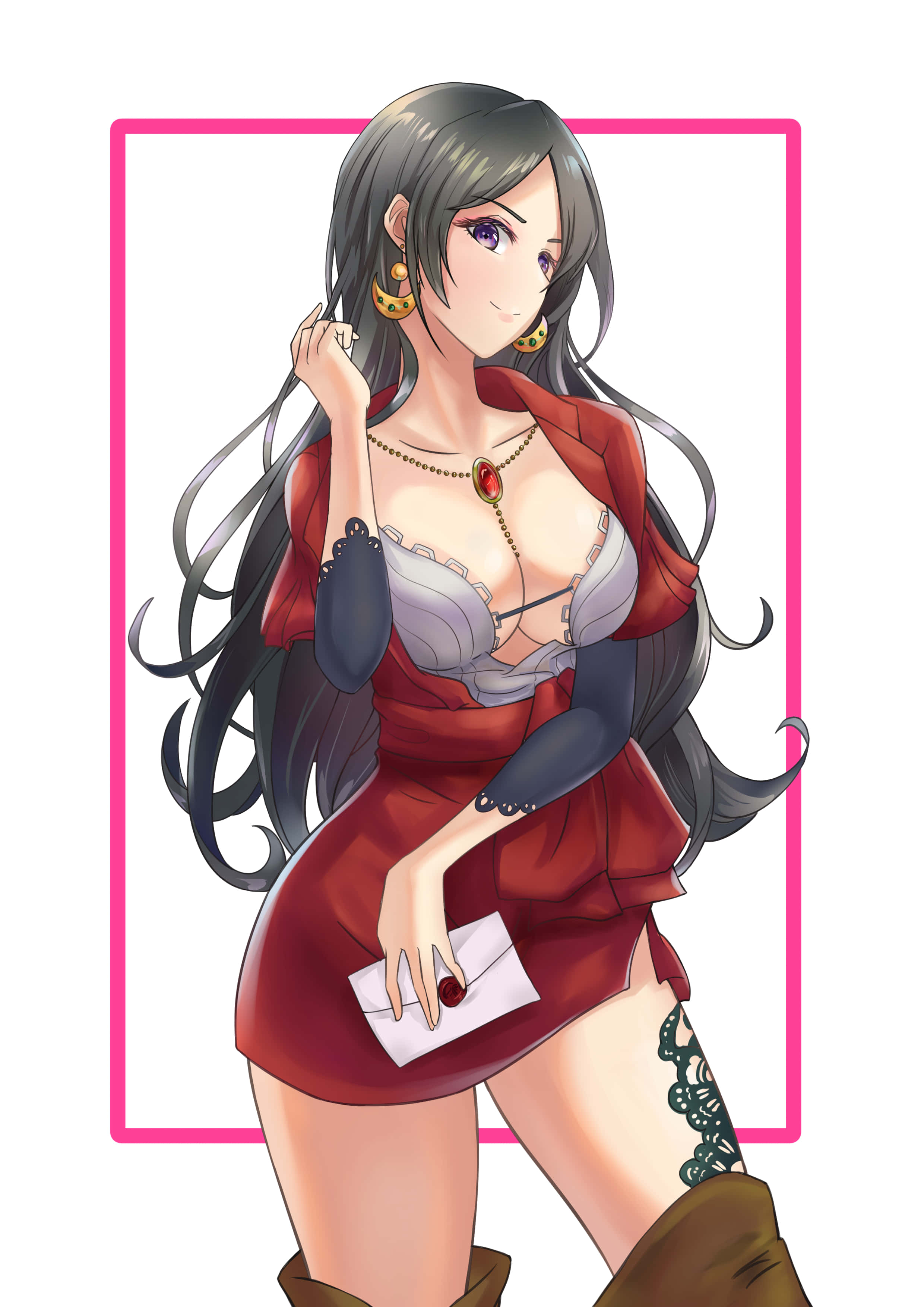 Cattleya Baudelaire, red outfit, long dark hair, 2K Phone Wallpaper