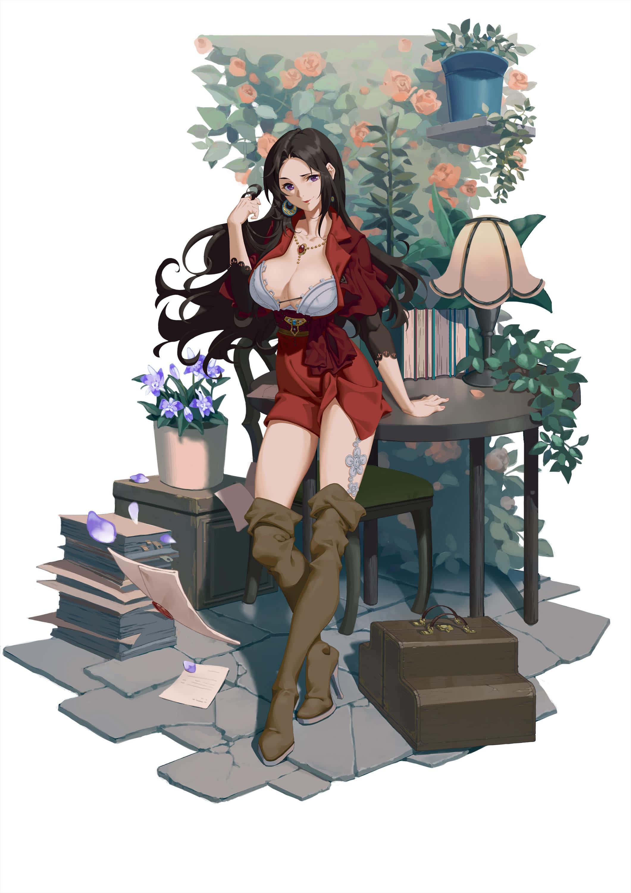 Cattleya Baudelaire, red, cluttered desk, 2K Phone Wallpaper