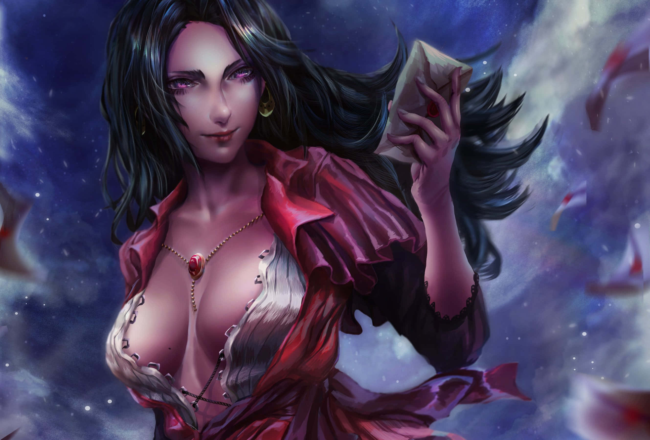 Cattleya Baudelaire, red outfit, starry cosmic backdrop, 2K Desktop Wallpaper