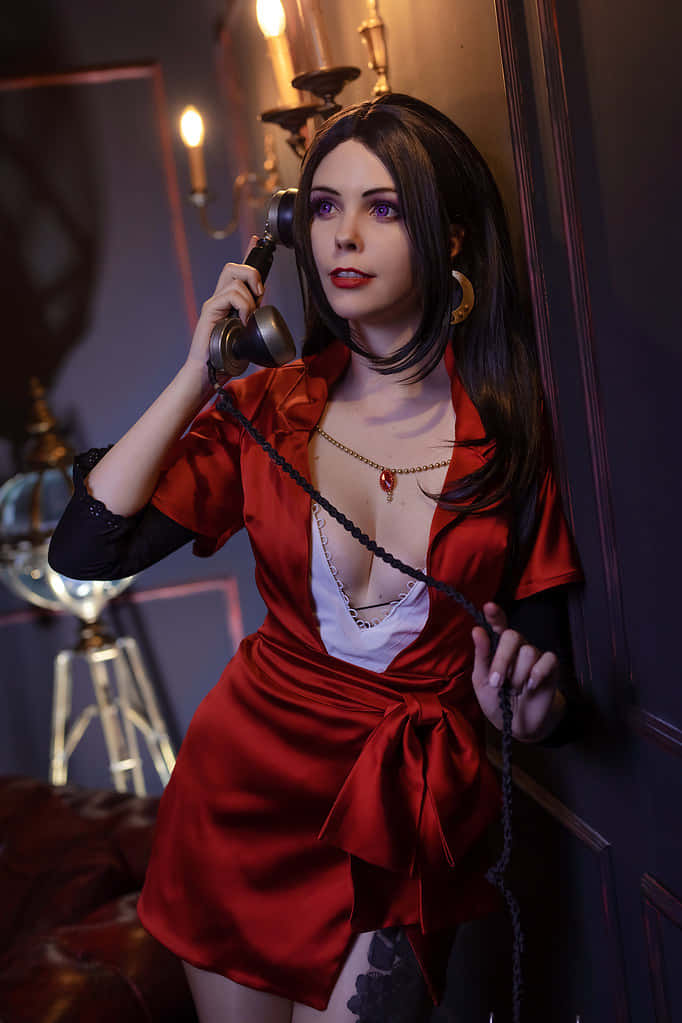 Cattleya Baudelaire, red satin dress, vintage phone, SD Phone Wallpaper