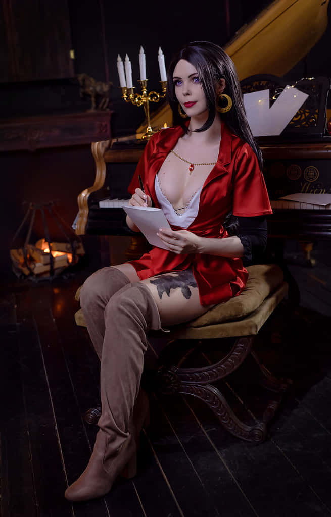 Cattleya Baudelaire, red satin robe, piano bench, SD Phone Wallpaper
