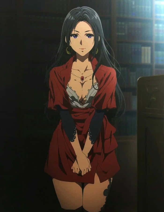 Cattleya Baudelaire, red robe, dimly lit library, SD Phone Wallpaper