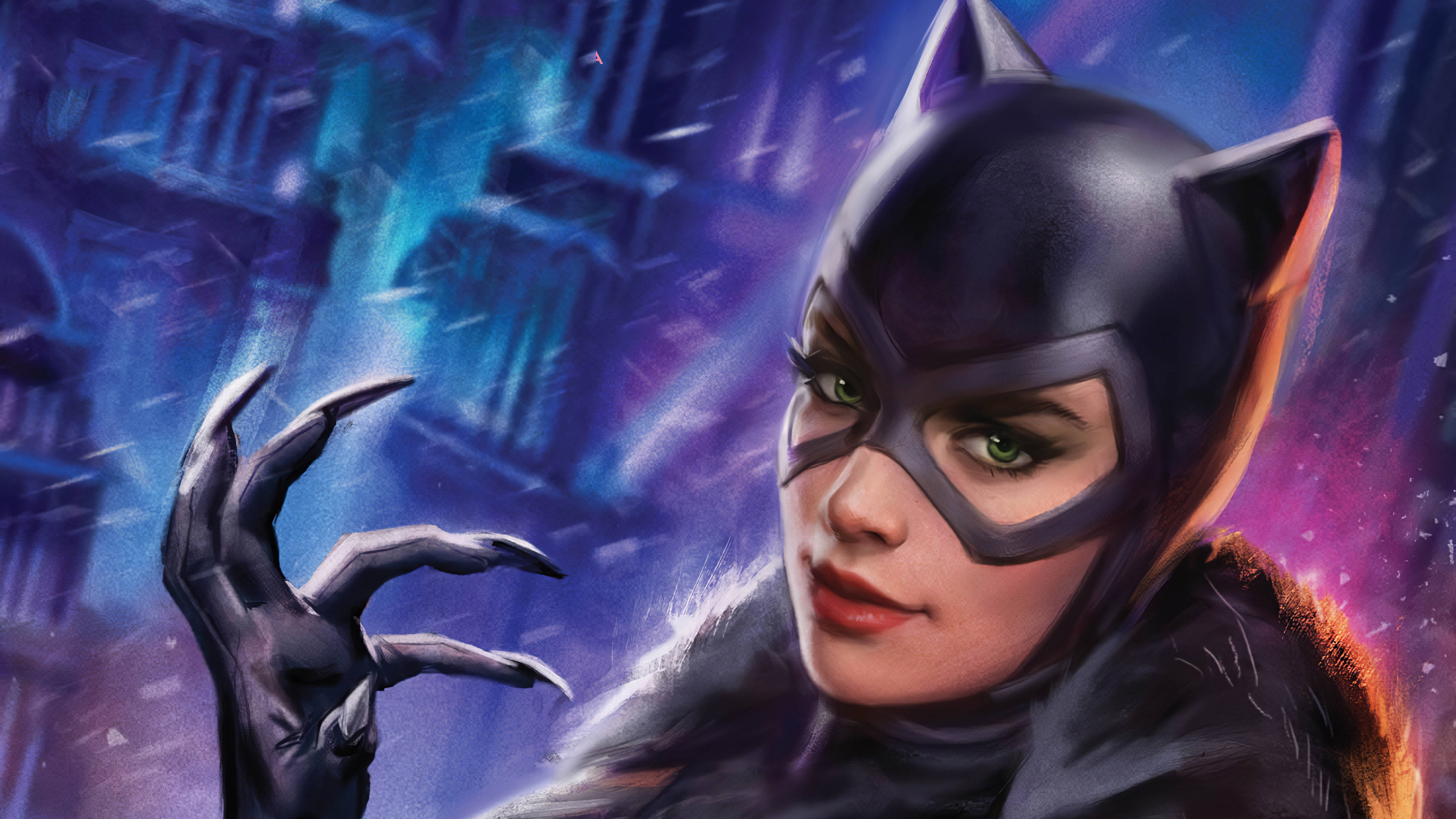 Catwoman, sleek black suit, glowing green eyes, 4K Desktop Wallpaper