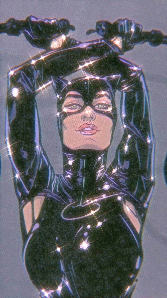 Catwoman, shiny black suit, sparkling lights, SD Phone Wallpaper