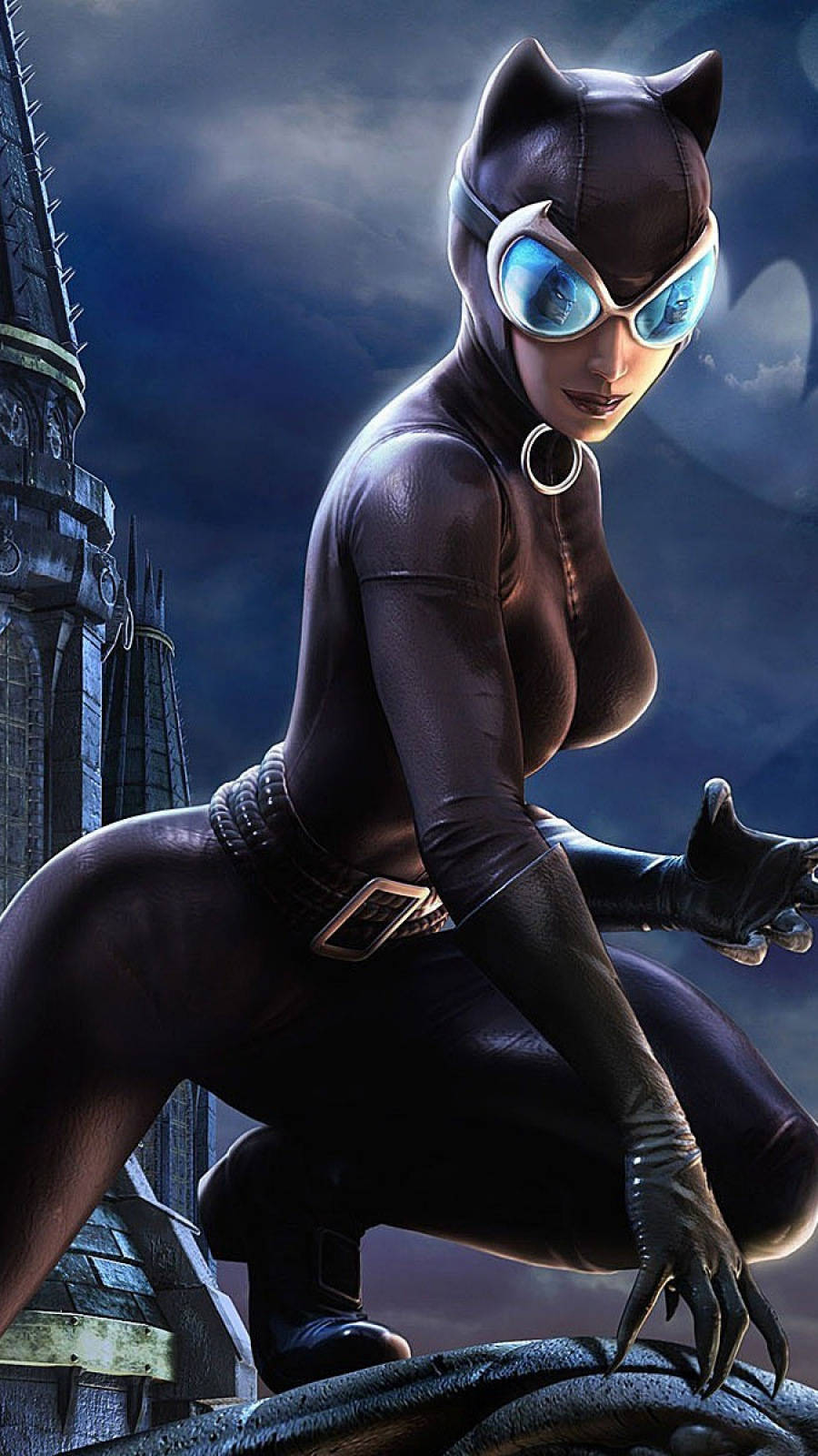 Catwoman, gothic tower, stormy night sky, HD Phone Wallpaper