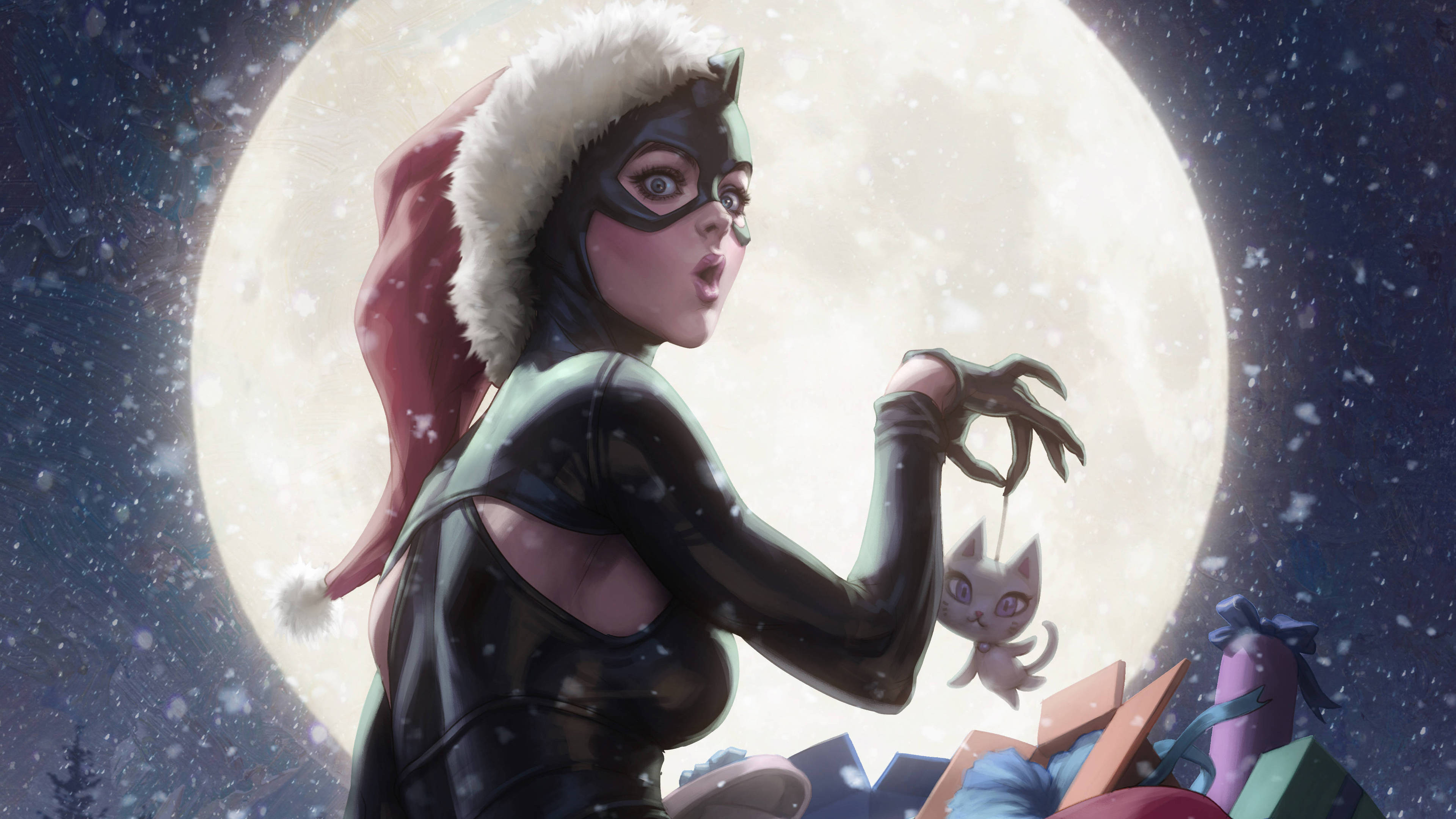 Catwoman, Santa hat, tiny cat, 4K Desktop Wallpaper