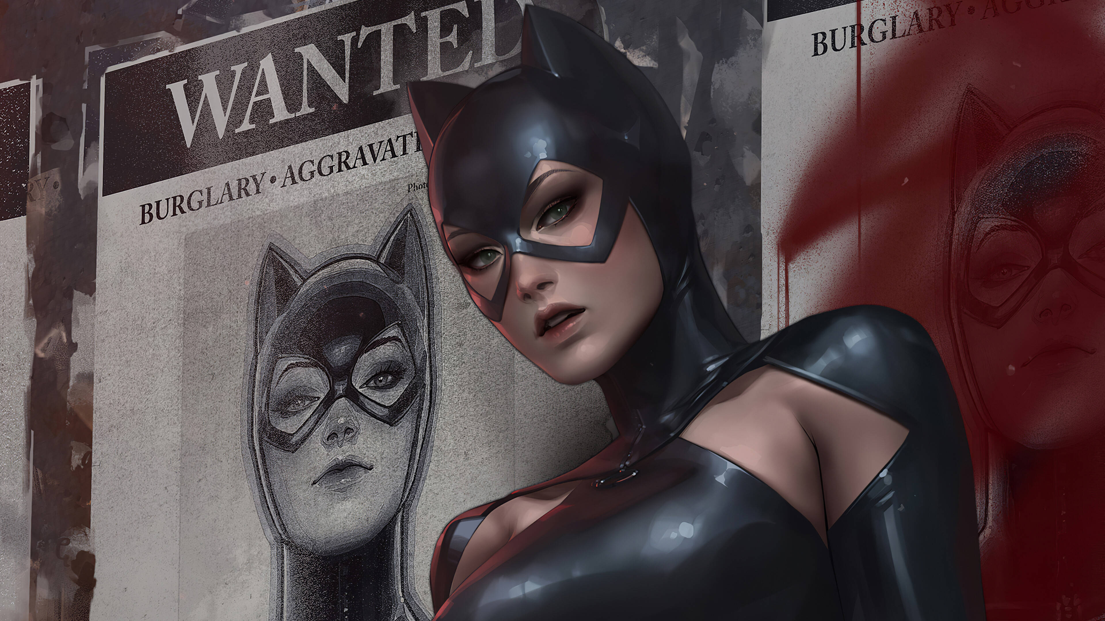 Catwoman, glossy black-suited, wanted posters, 4K Desktop Wallpaper