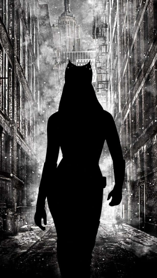 Catwoman, snowy urban alley, towering city skyline, SD Phone Wallpaper