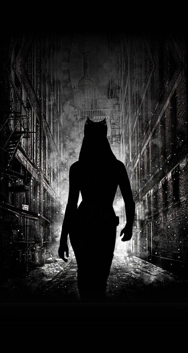Catwoman, dark silhouette, rain-slicked urban alleyway, SD Phone Wallpaper