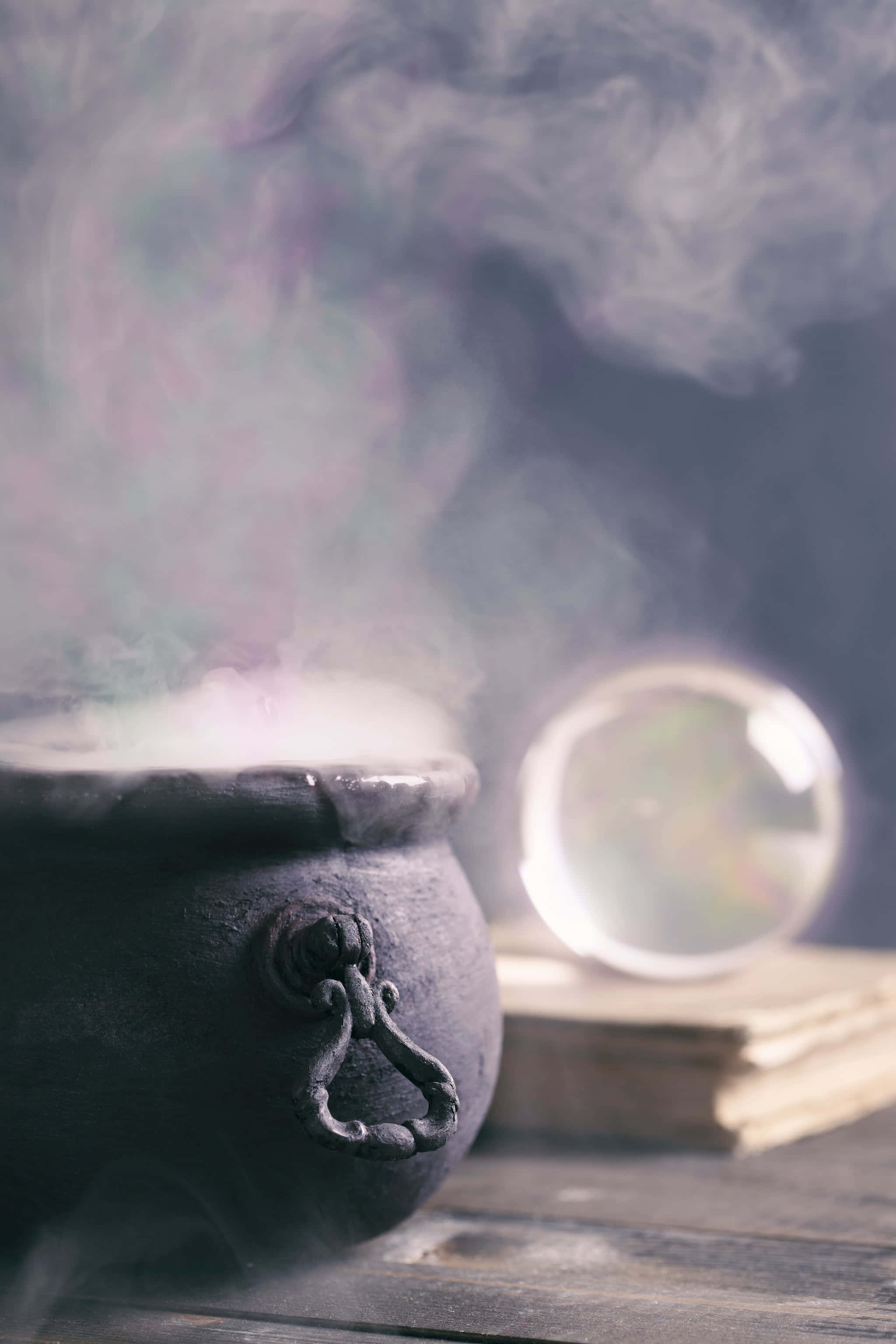cauldron, crystal ball, old books, 2K Phone Wallpaper
