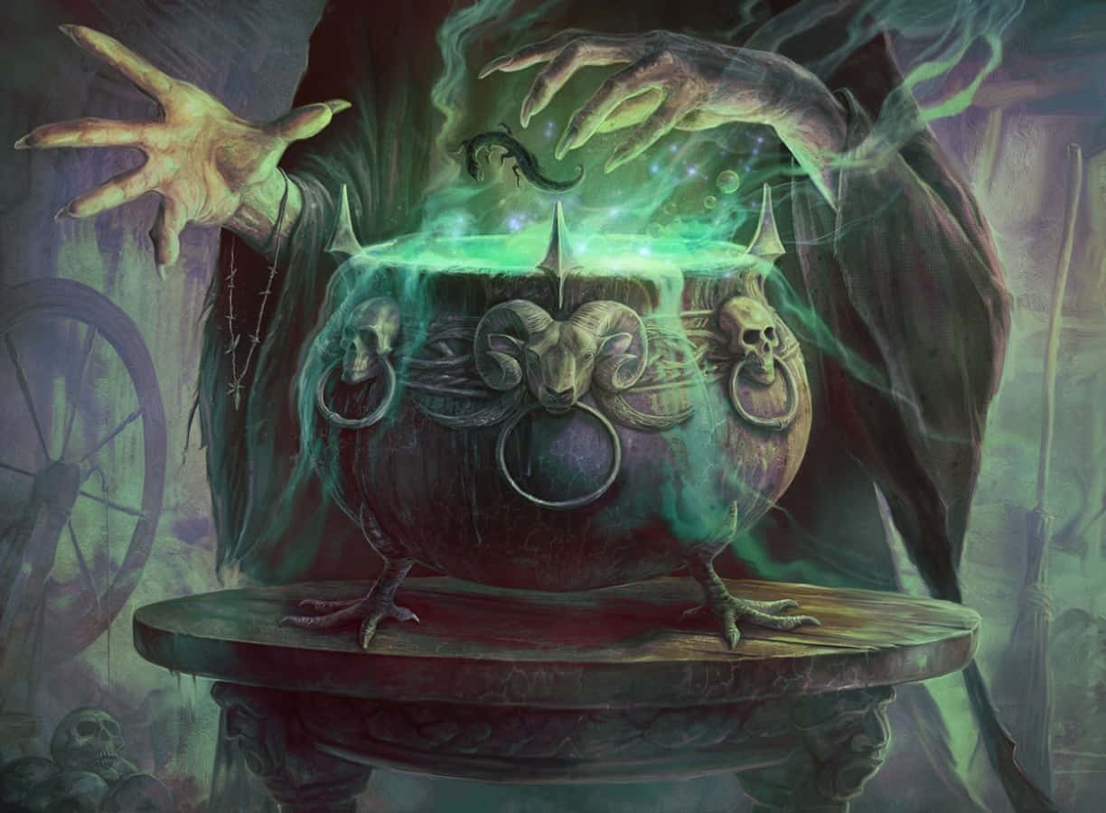 Cauldron, green cauldron, skulls, SD Desktop Wallpaper