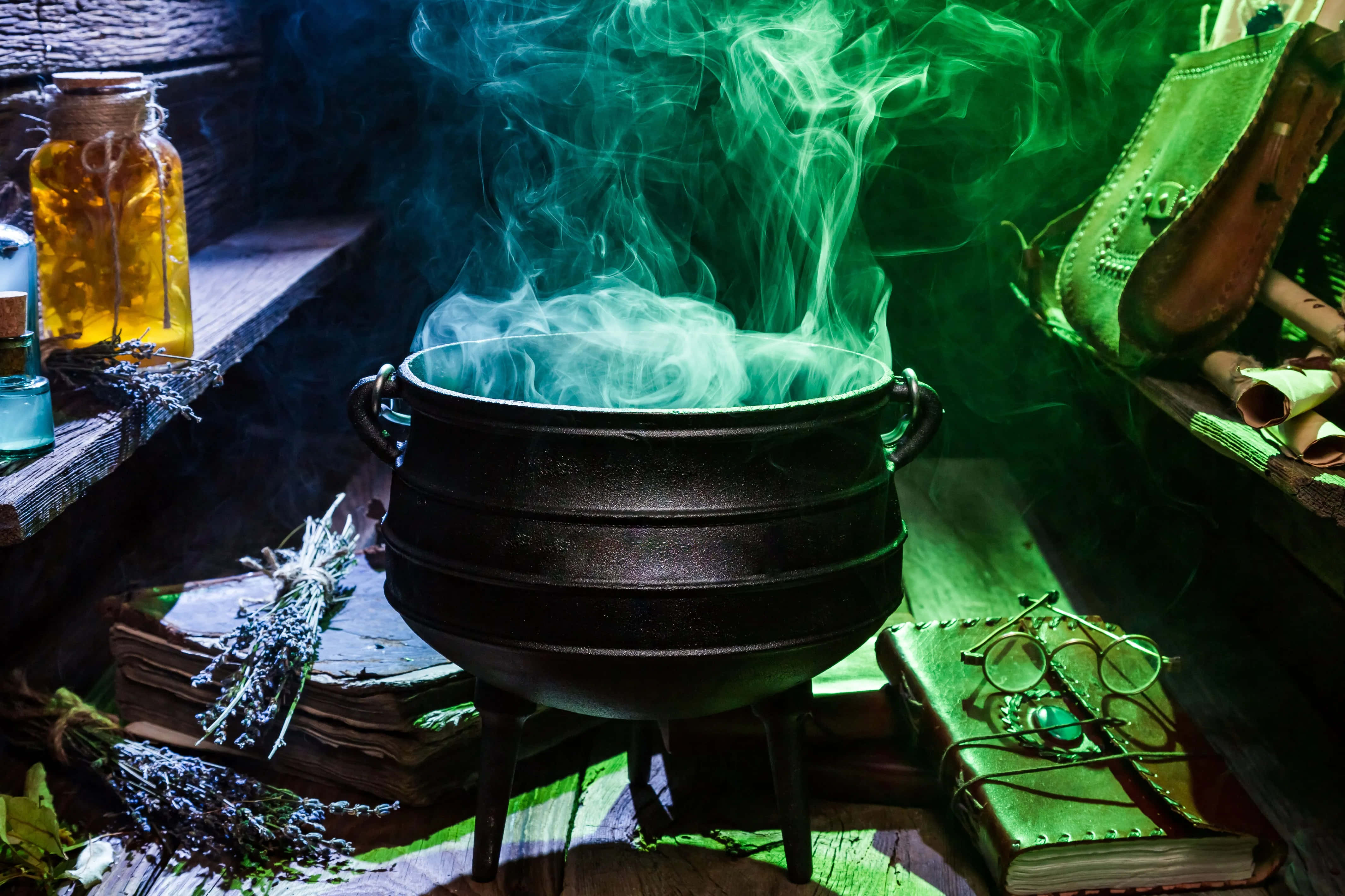 Cauldron, black cauldron, eerie green smoke, 4K Desktop Wallpaper