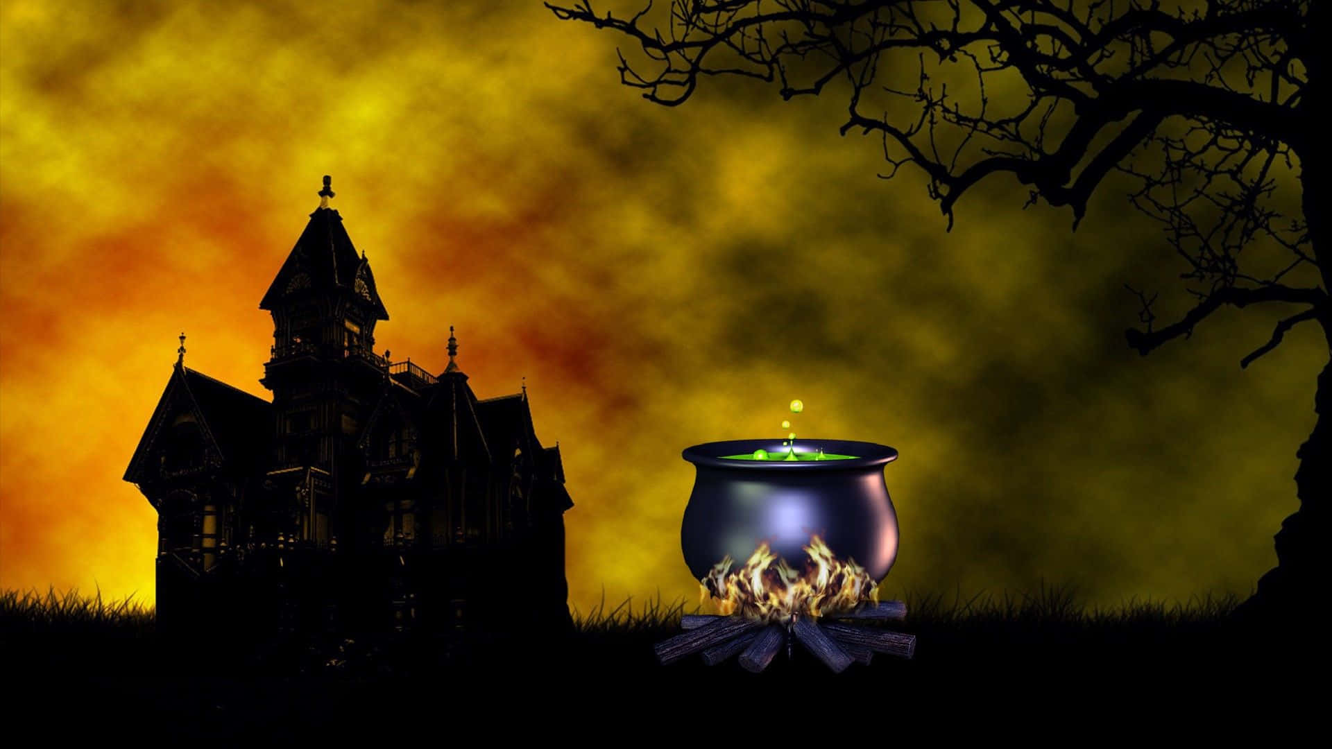 Cauldron, spooky haunted house silhouette, bubbling cauldron, Full HD Desktop Wallpaper