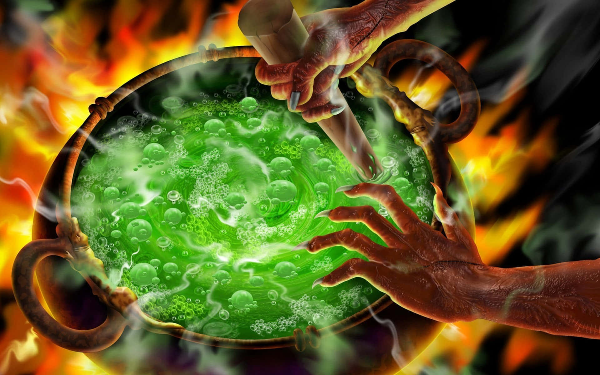 Cauldron, gnarled hands, bubbling green potion, Full HD Desktop Wallpaper