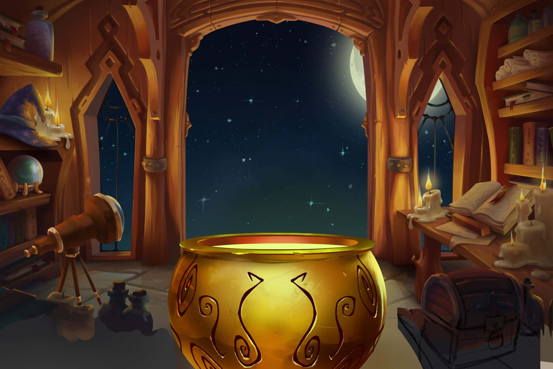 Cauldron, wizard's study, glowing cauldron, Full HD Desktop Wallpaper