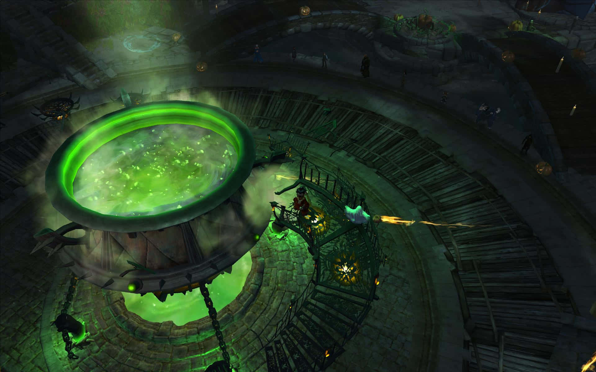 Cauldron, glowing green cauldron, dark stone dungeon, Full HD Desktop Wallpaper