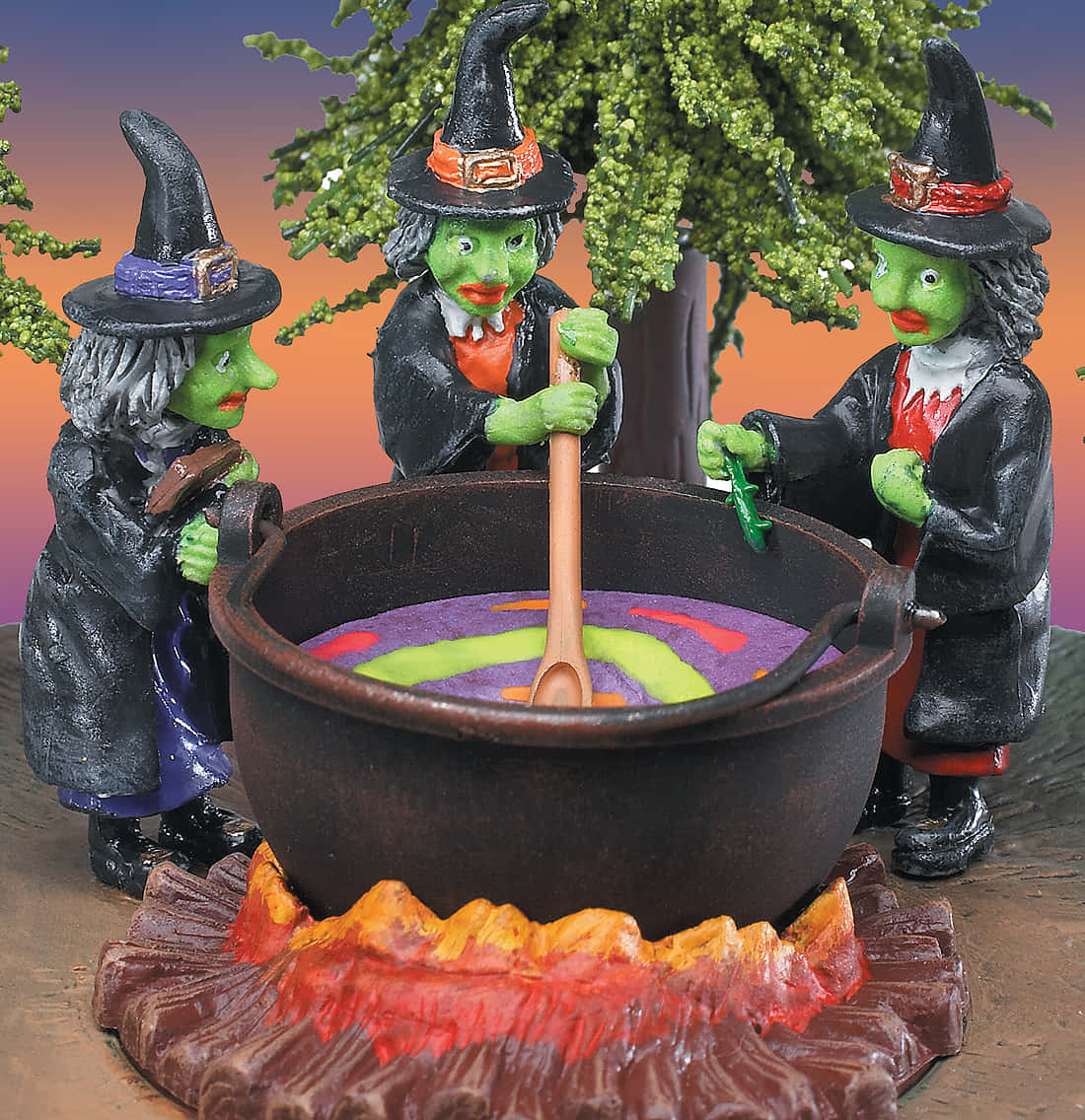 Cauldron, green-skinned witches, black hats, SD Phone Wallpaper