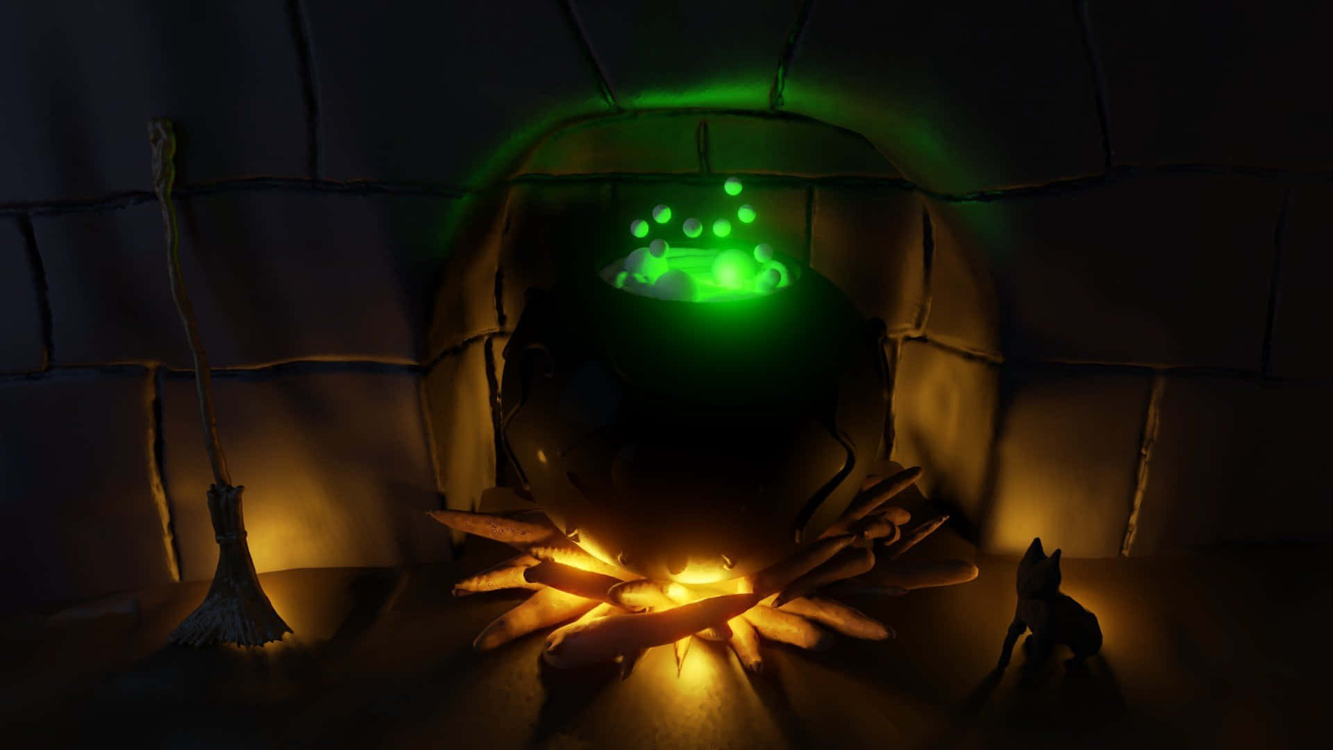 Cauldron, glowing green cauldron, warm fire, Full HD Desktop Wallpaper