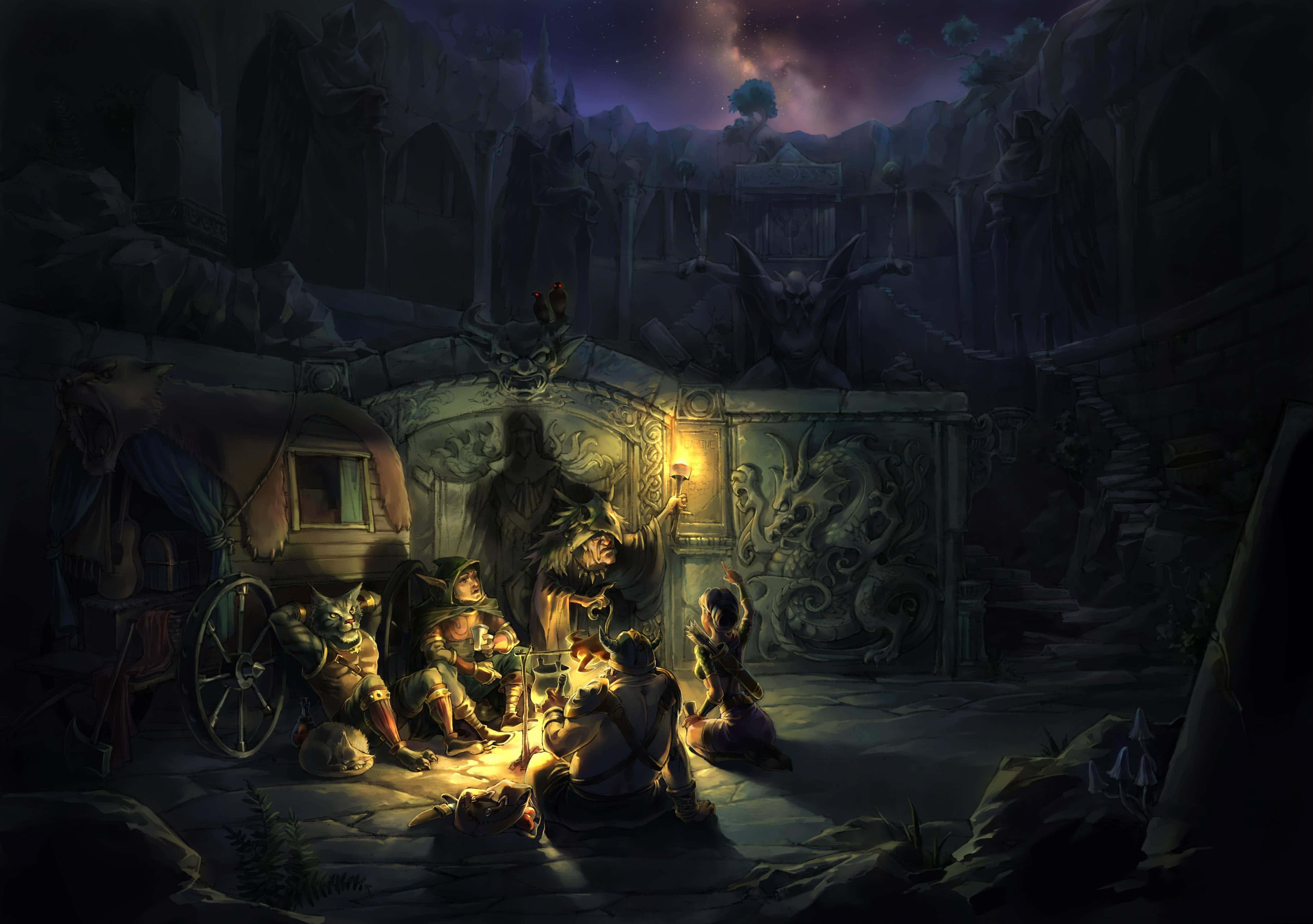 Cauldron, adventurers, campfire, 4K Desktop Wallpaper