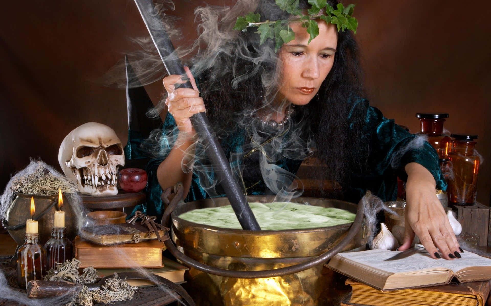 Cauldron, brass cauldron, leaf crown, Full HD Desktop Wallpaper