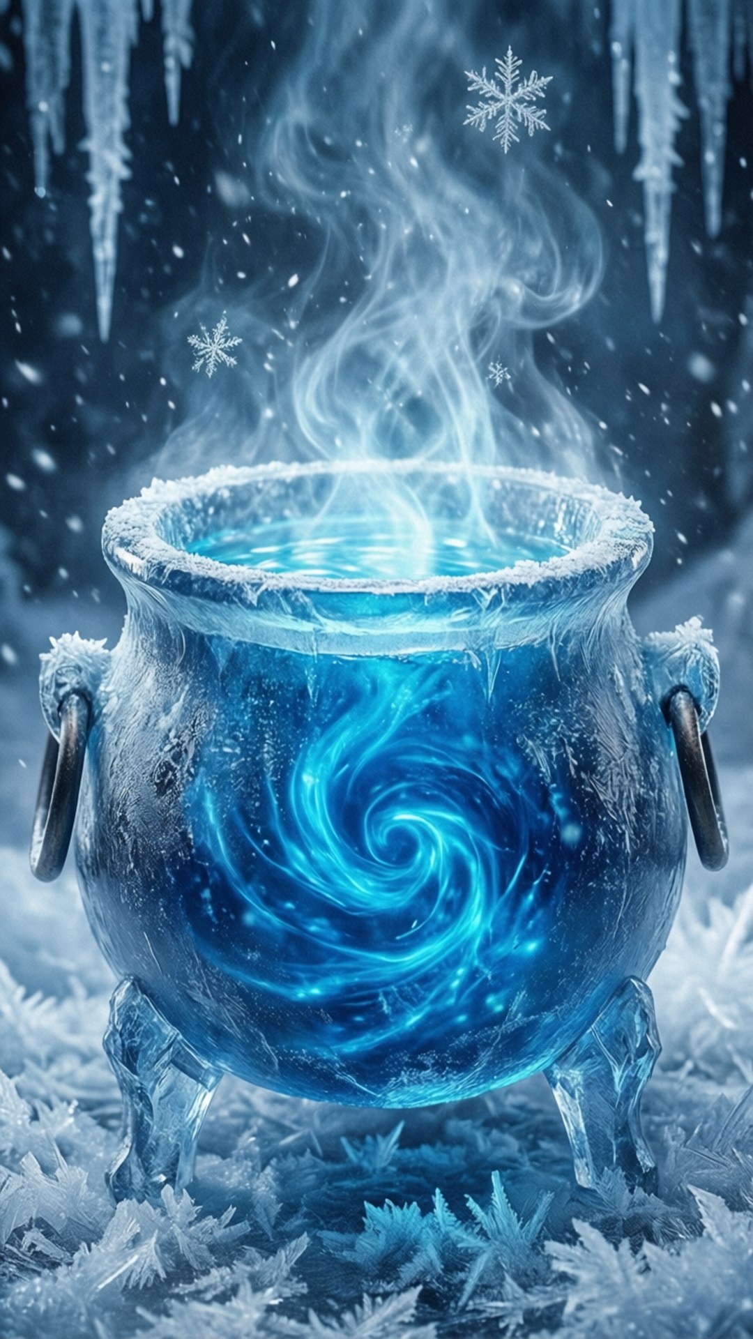 icy crystal cauldron, frosty crystal cauldron, blue swirling potion, Full HD Phone Wallpaper