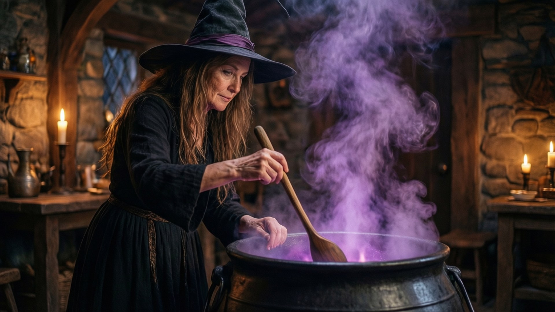 witch, cauldron, cottage, Full HD Desktop Wallpaper